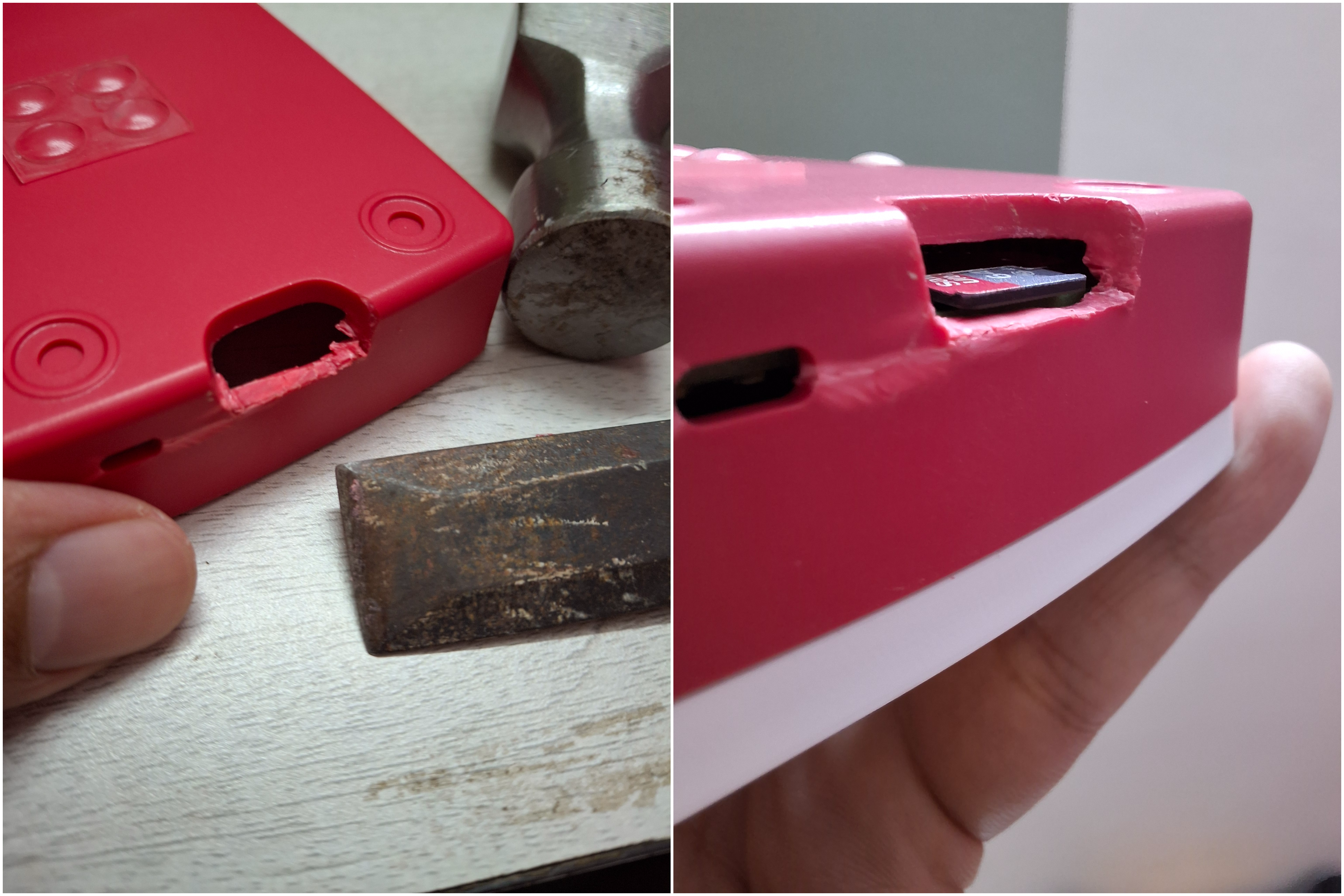 Scraping the Raspberry Pi case with a chisel around the SD card slot
